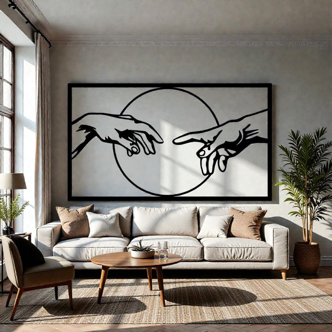 Quadro decorativo in metallo con le mani della Creazione di Adamo, capolavoro rinascimentale di Michelangelo per interni eleganti