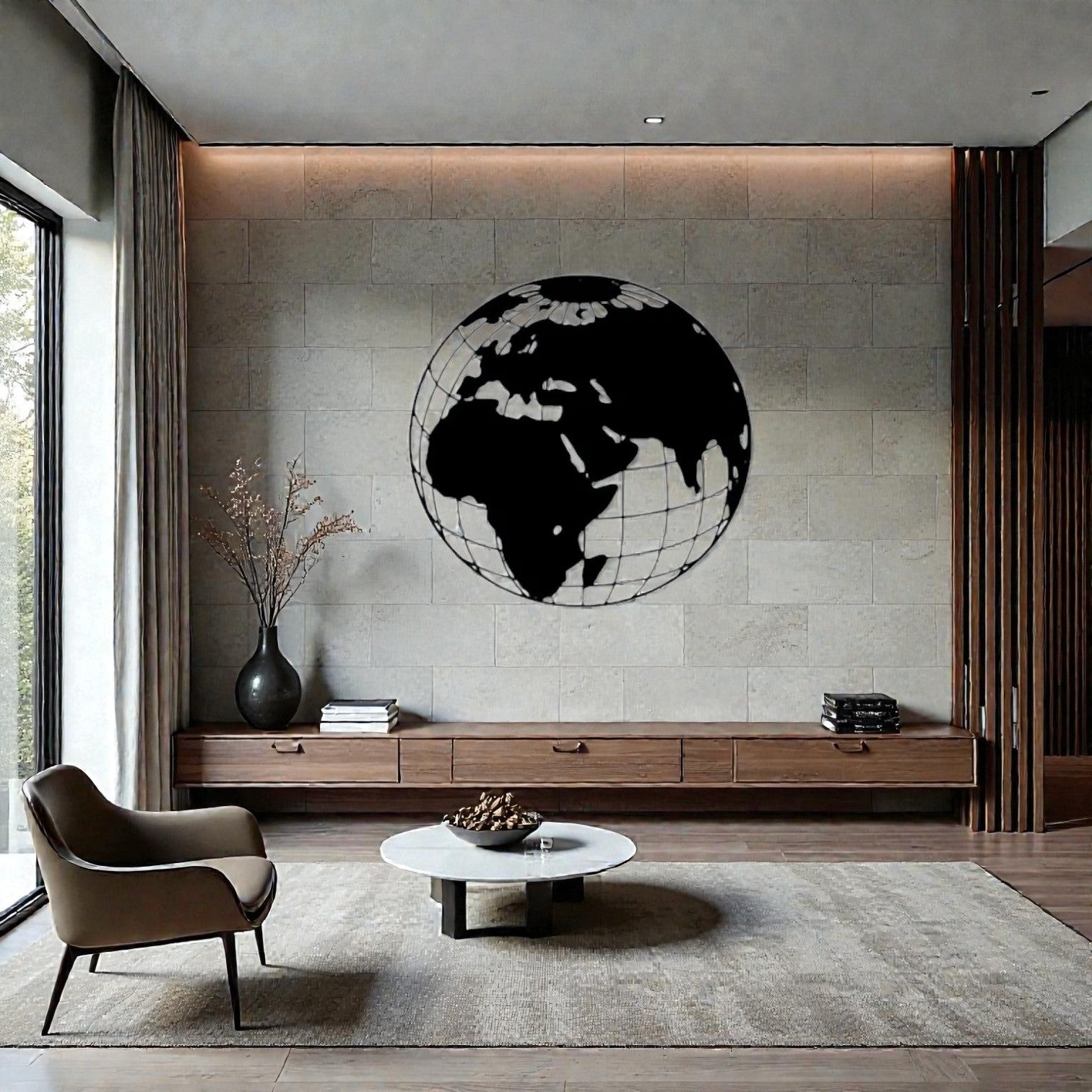 Scultura da parete in metallo con rappresentazione del mondo, arte geografica per arredamento contemporaneo e spazi di lavoro