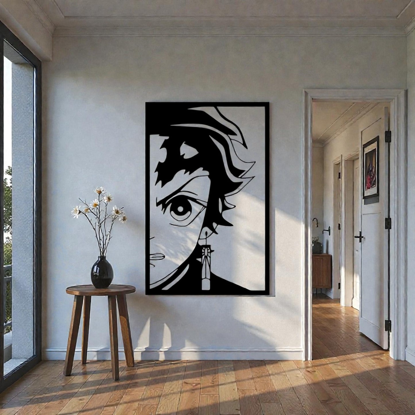 Scultura da parete in metallo con spadaccino anime dal kimono verde a scacchi, arte giapponese per cameretta e appassionati di manga