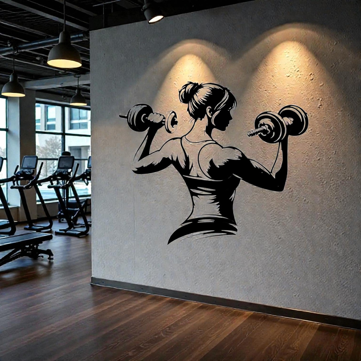 Scultura da parete in metallo con bodybuilder femminile, arte motivazionale per palestra, home gym e spazi fitness