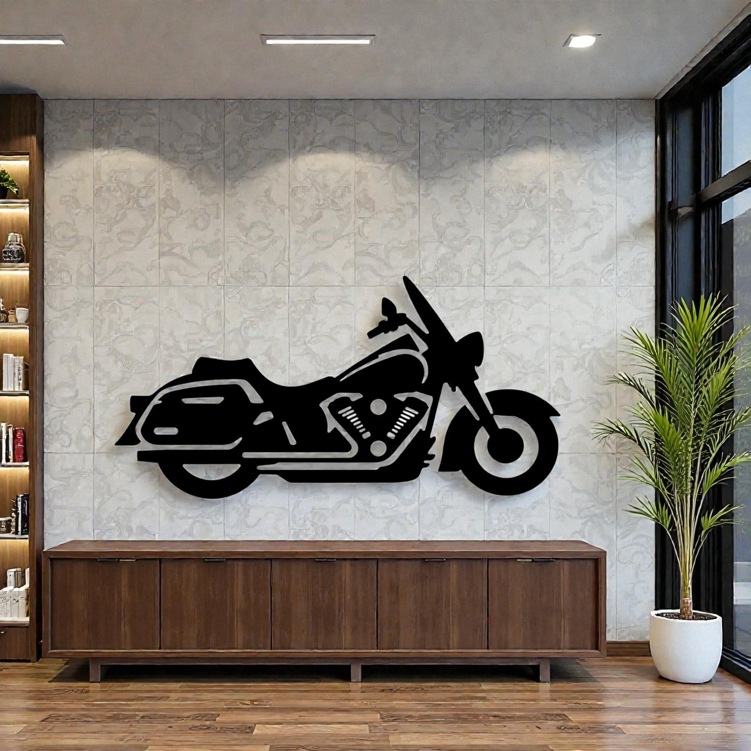 Scultura da parete in metallo con leggendaria moto cruiser americana, arte per garage, officina e appassionati di moto custom