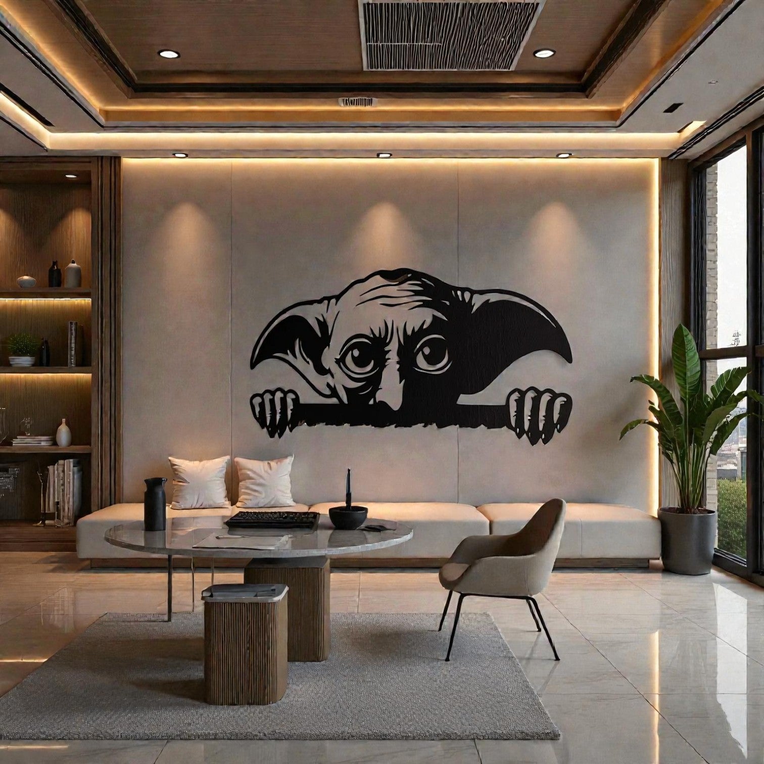 Scultura da parete in metallo con elfo domestico leale, arte fantasy per cameretta e fan di saghe magiche