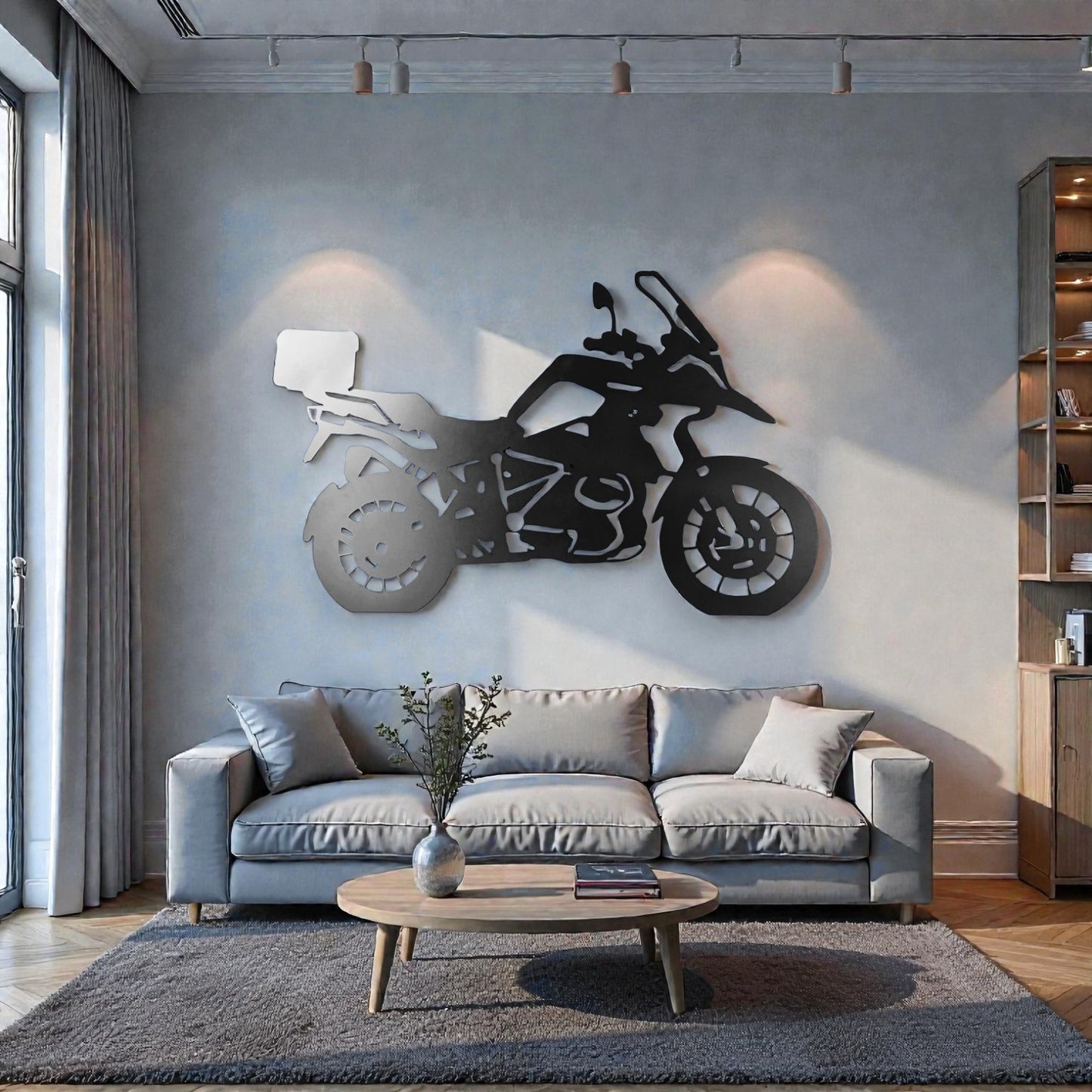 Scultura da parete in metallo con moto GS Adventure R1250, arte per garage, officina e appassionati di moto da viaggio