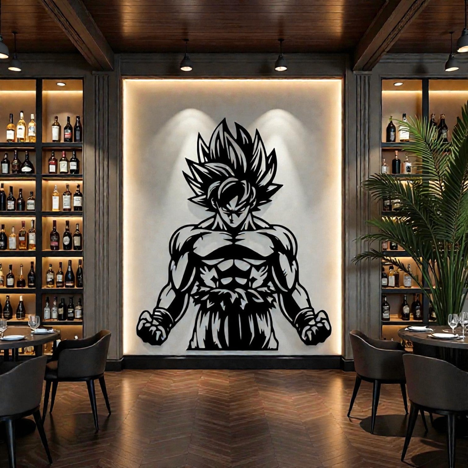  Scultura da parete in metallo con guerriero anime in trasformazione dorata, arte giapponese per cameretta e appassionati di manga combattimento