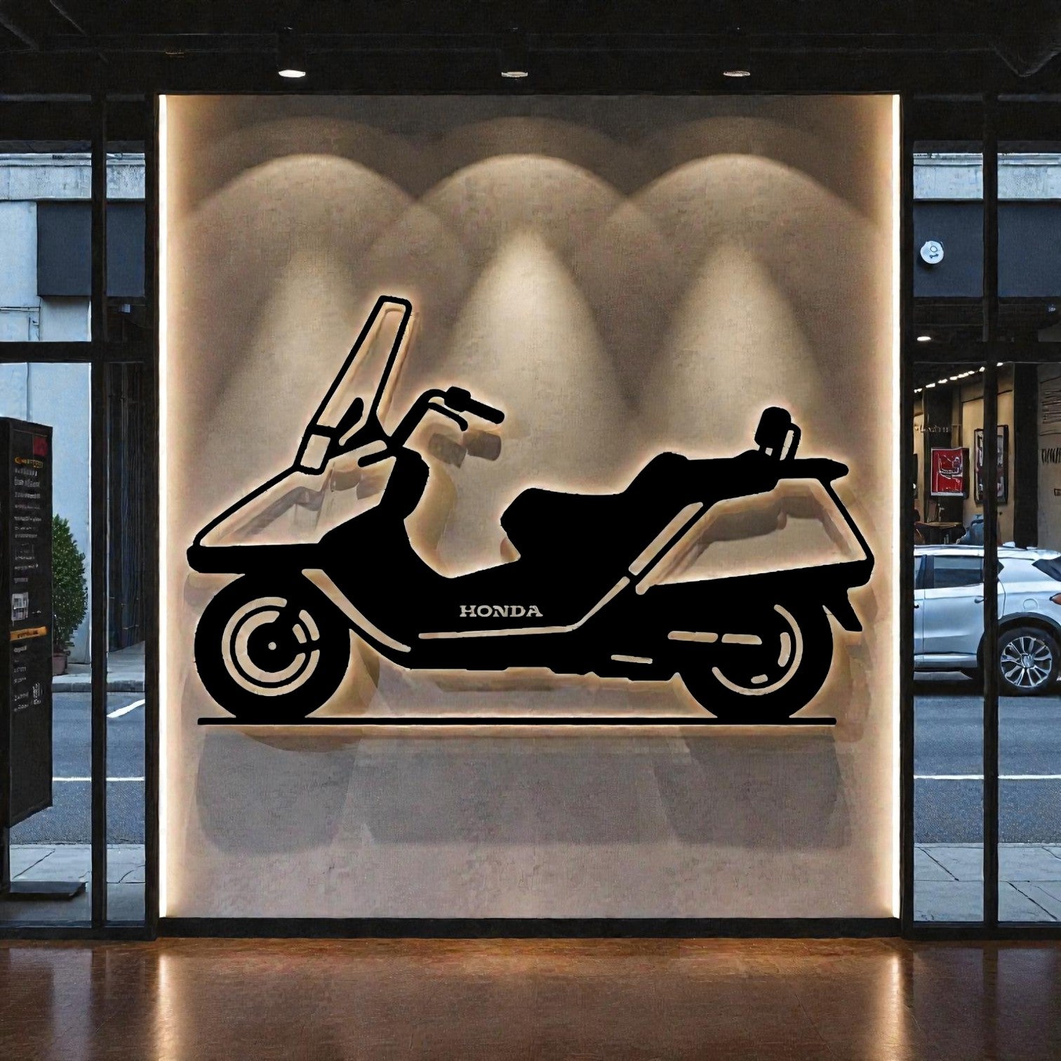 Scultura da parete in metallo con Honda Spazio, arte per garage, officina e appassionati di motociclette classiche