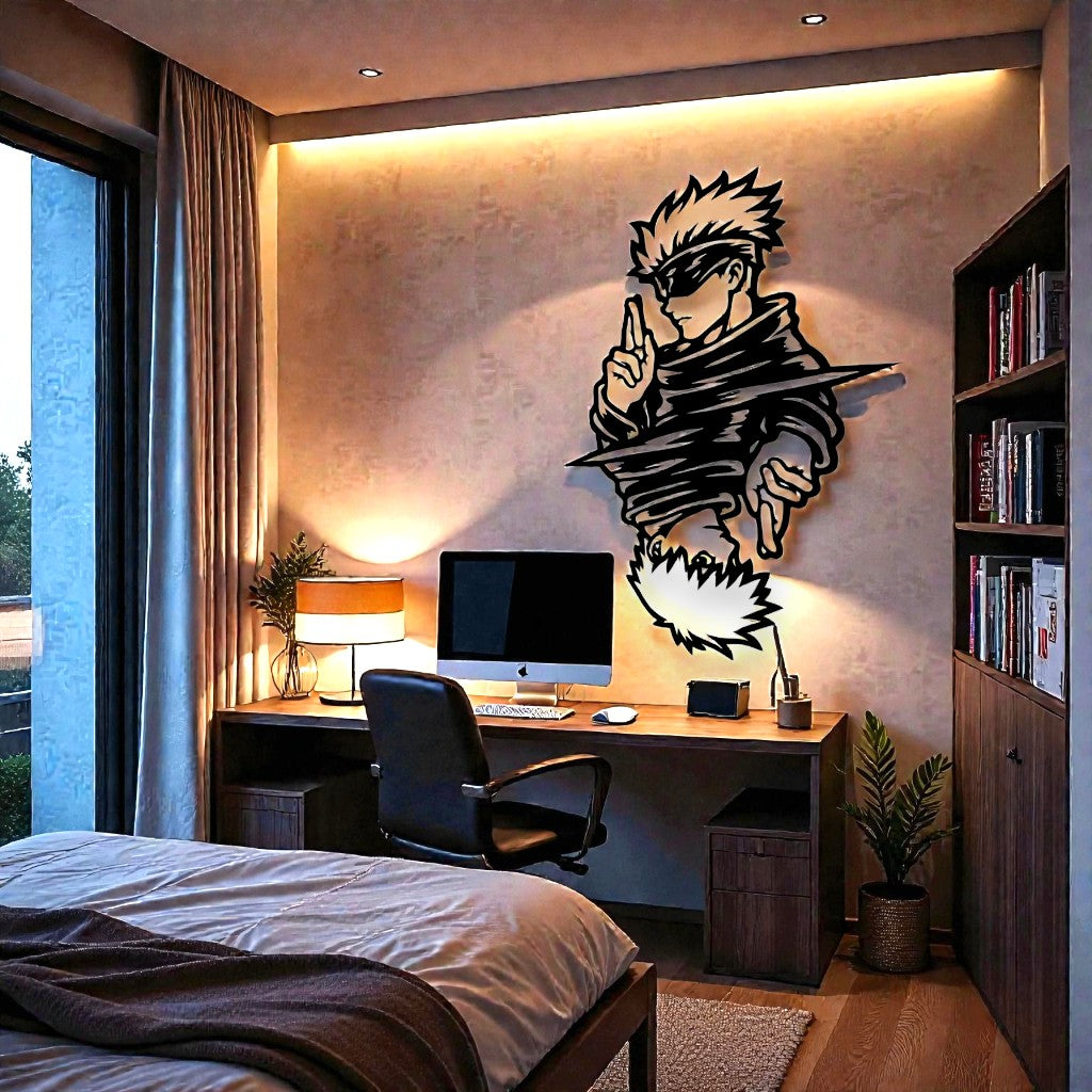 Scultura da parete in metallo con leggendario maestro di jujutsu dagli occhi bendati, arte per cameretta e fan di anime combattimento