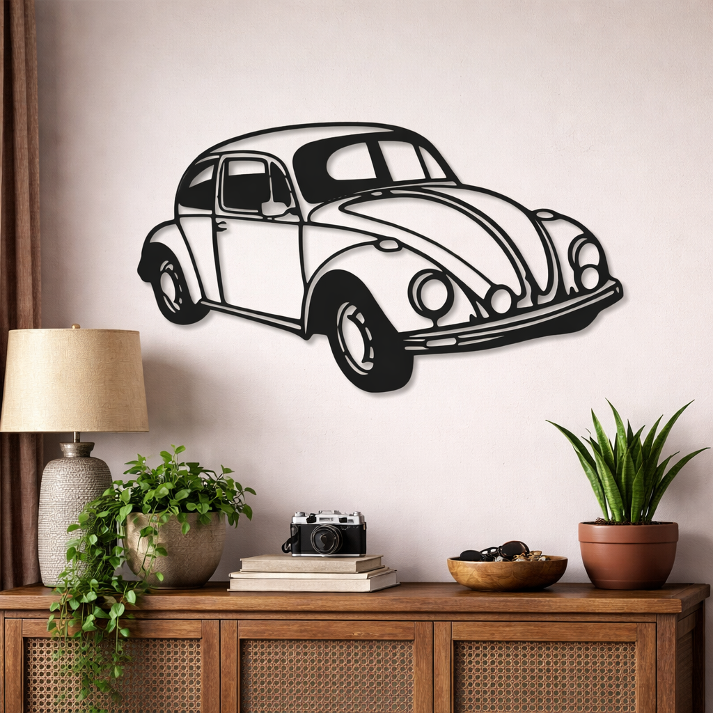 Scultura da parete in metallo con leggendario Maggiolino, arte per garage, officina e appassionati di auto storiche
