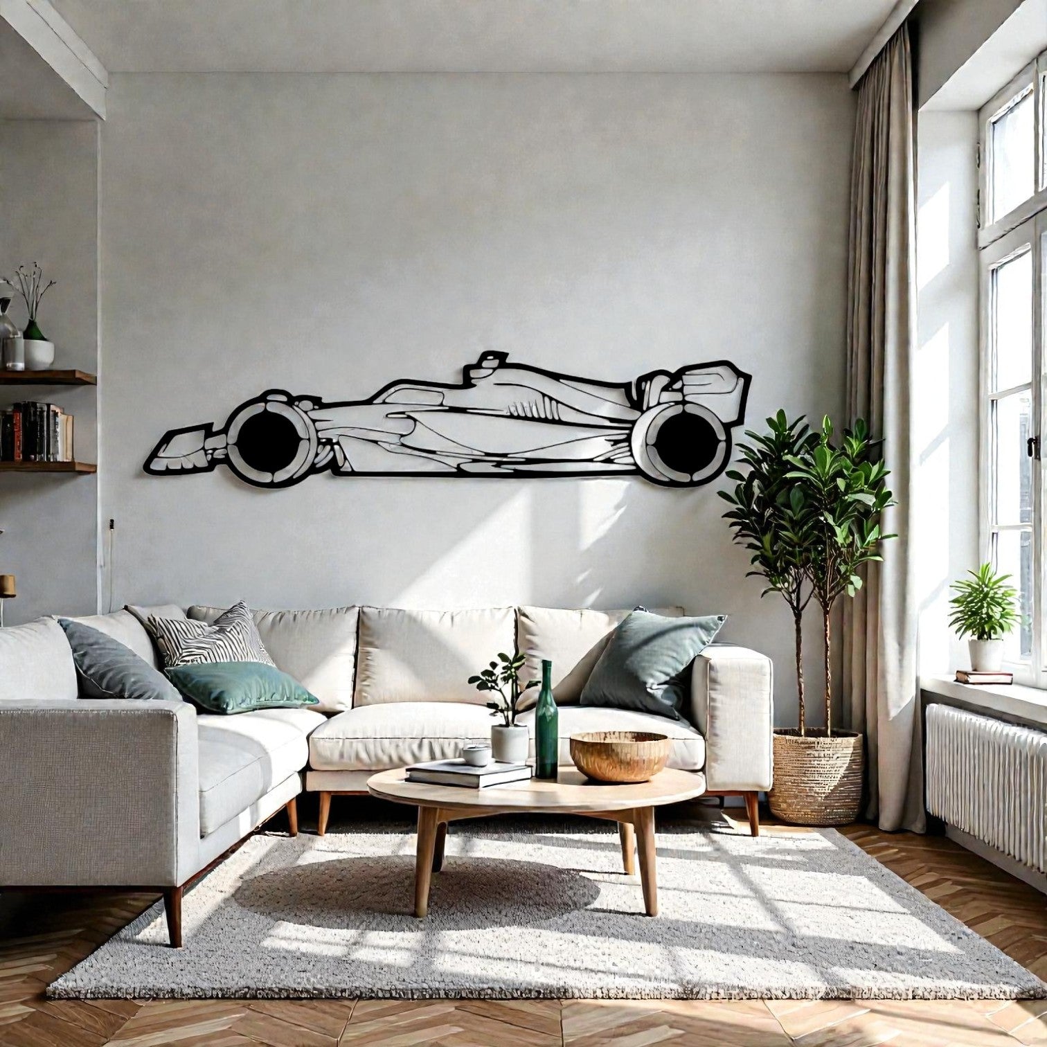 Scultura da parete in metallo con monoposto da corsa contemporanea, arte per garage, officina e appassionati di motorsport