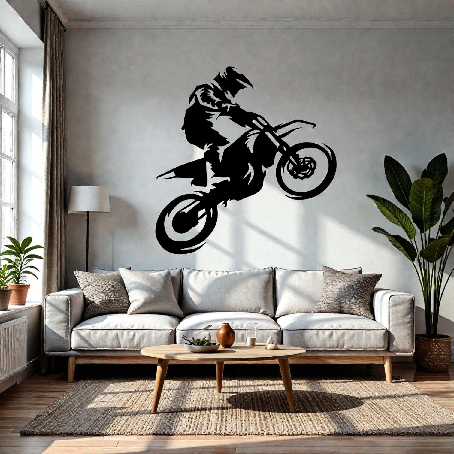 Scultura da parete in metallo con pilota motocross in salto, arte dinamica per garage, officina e appassionati di motorsport