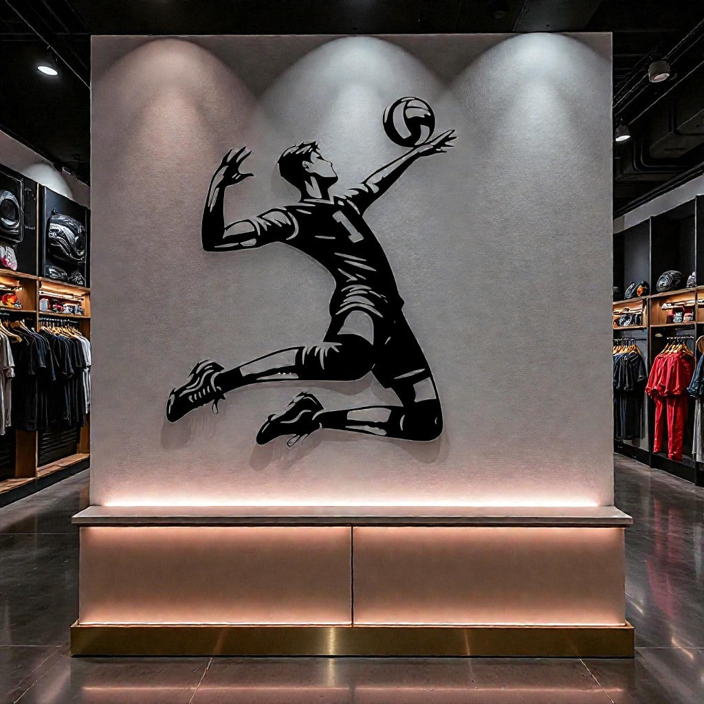 Scultura da parete in metallo con giocatore di pallavolo in azione, arte sportiva per cameretta, palestra e spazi moderni