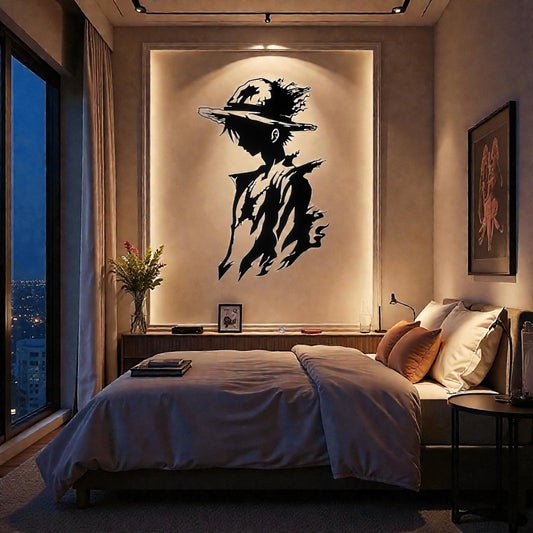 Scultura da parete in metallo con capitano pirata anime dal cappello di paglia, arte giapponese per cameretta e appassionati di manga