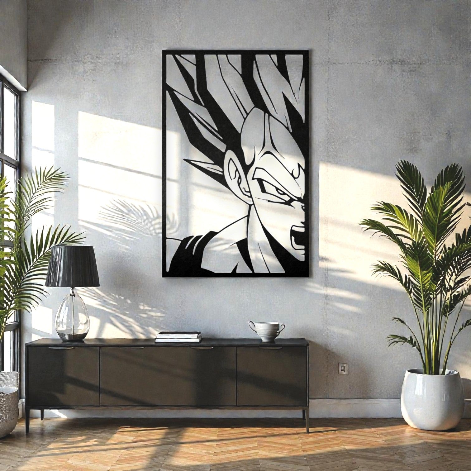 Scultura da parete in metallo con orgoglioso principe guerriero anime sfere drago, arte per cameretta e fan di manga anni '90