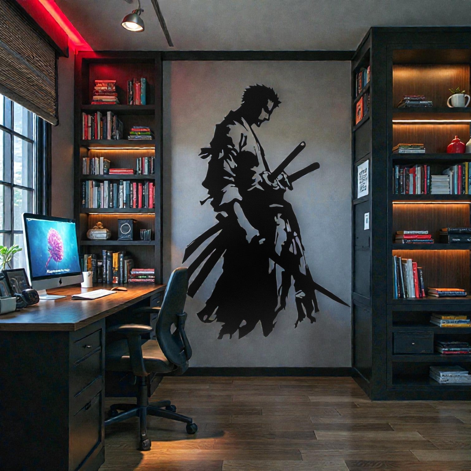 Scultura da parete in metallo con guerriero spadaccino anime, arte giapponese per cameretta, sala giochi e appassionati di manga