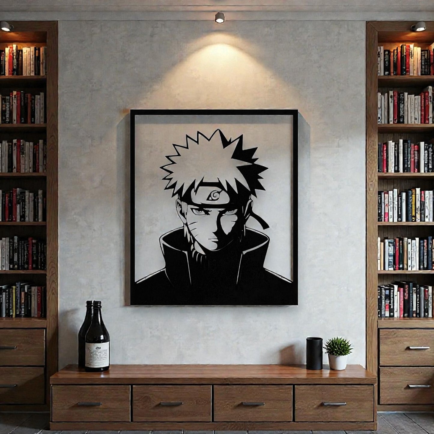 Scultura da parete in metallo con ninja anime dal vestito arancione, arte giapponese per cameretta e appassionati di manga ninja