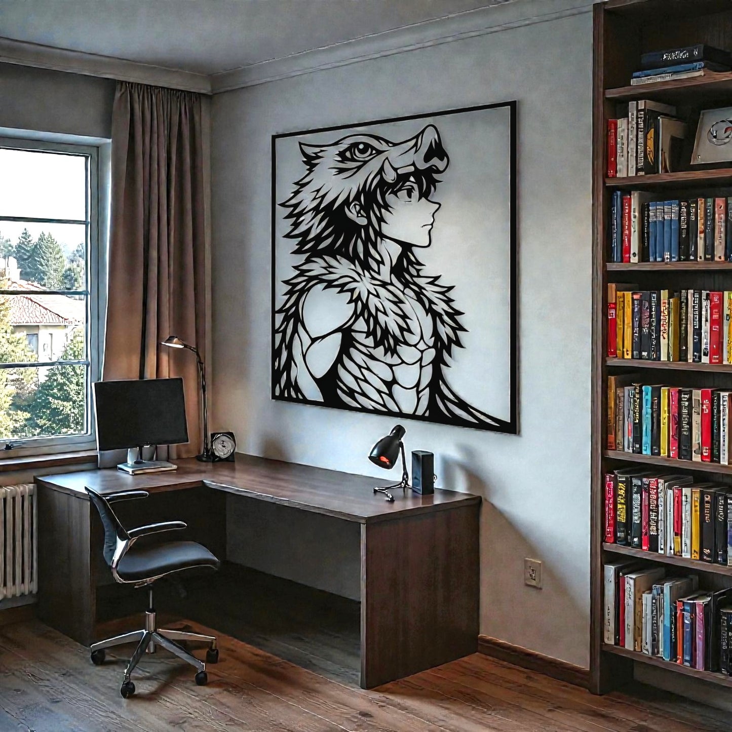 Scultura da parete in metallo con spadaccino selvaggio dalla maschera di cinghiale, arte per cameretta e fan di anime dark fantasy