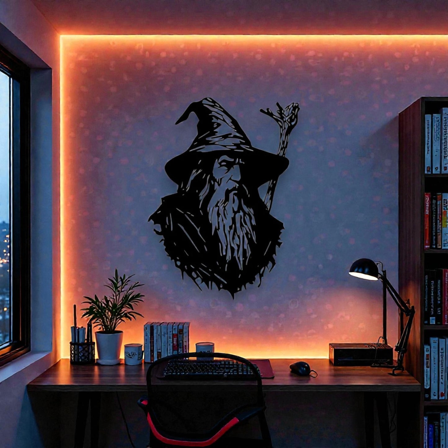 Scultura da parete in metallo con leggendario stregone dalla barba bianca, arte fantasy per cameretta e fan di saghe epiche