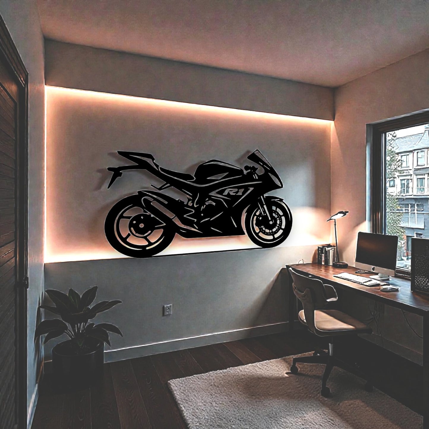 Scultura da parete in metallo con supersportiva R1, arte per garage, officina e appassionati di moto da pista