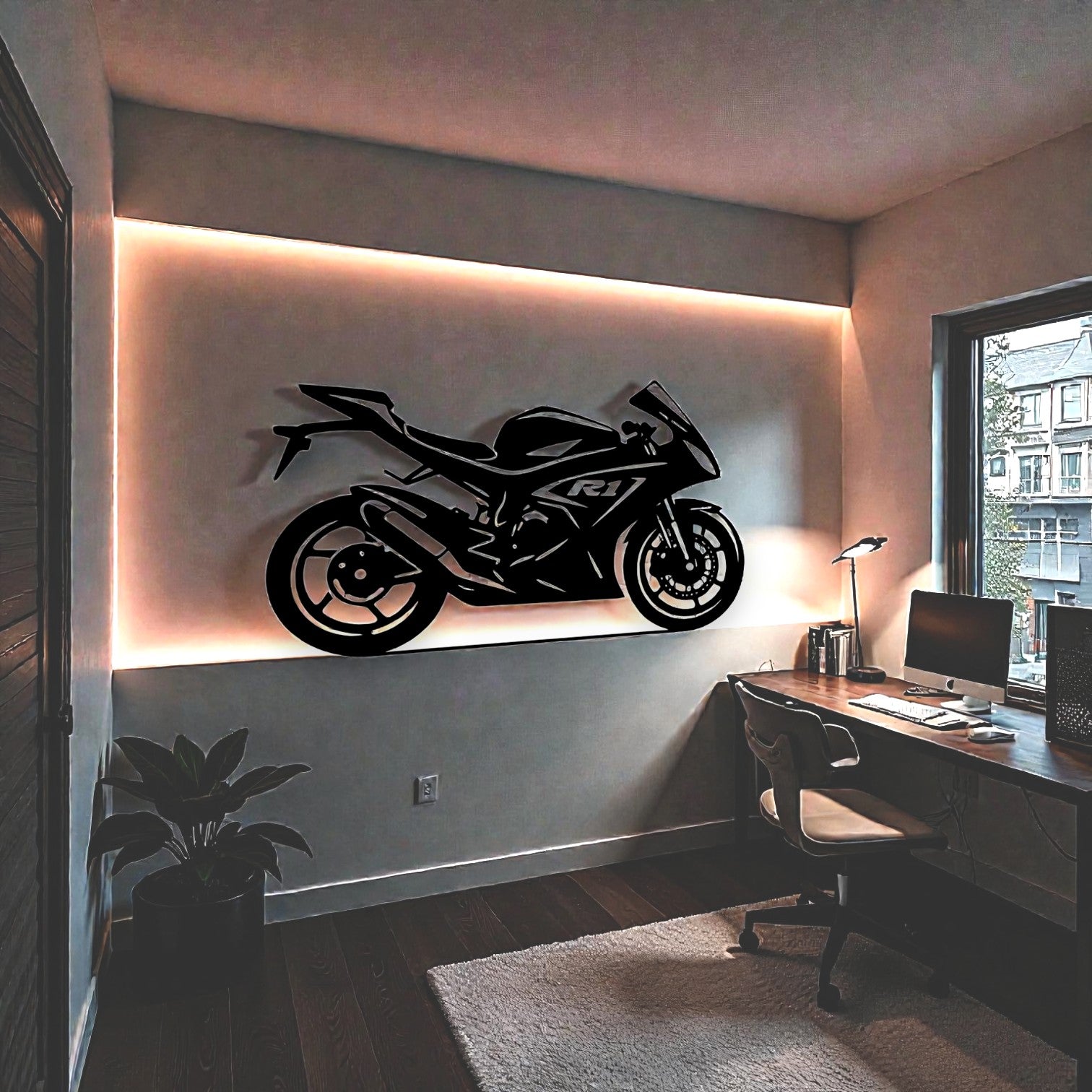 Scultura da parete in metallo con supersportiva R1, arte per garage, officina e appassionati di moto da pista