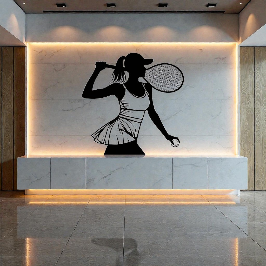 Scultura da parete in metallo con tennista femminile, arte sportiva elegante per cameretta, palestra e spazi moderni
