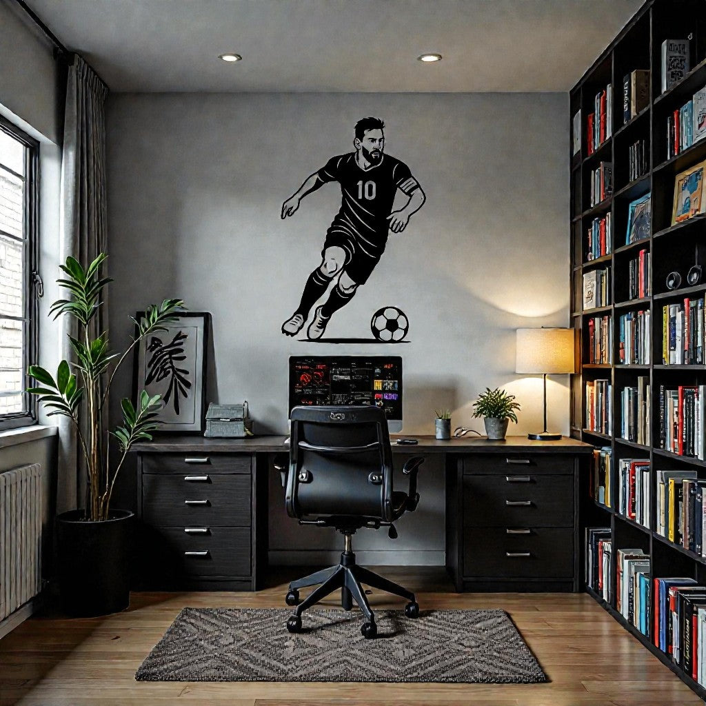 Pannello decorativo in metallo con silhouette iconica giocatore di calcio numero 10, arte da parete sportiva