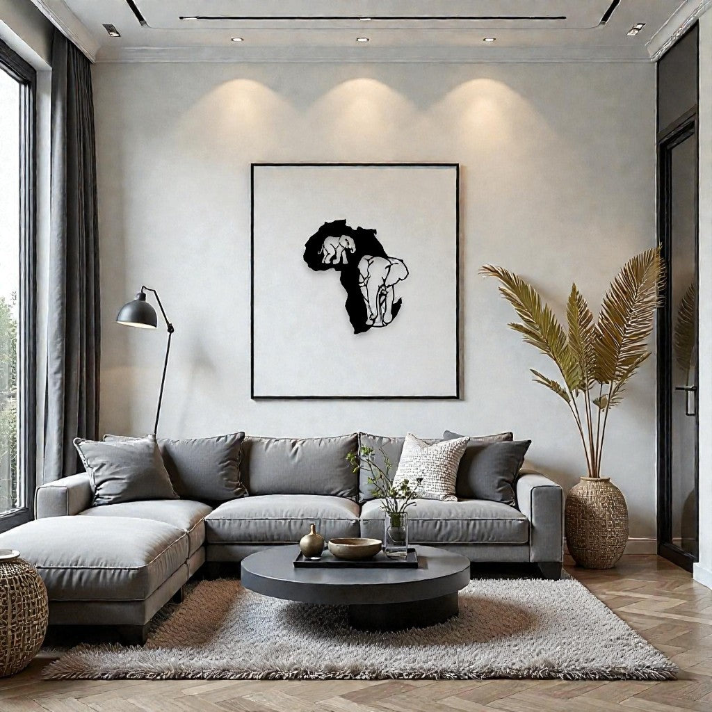  Quadro in metallo raffigurante coppia di elefanti come elemento decorativo in ambiente domestico elegante