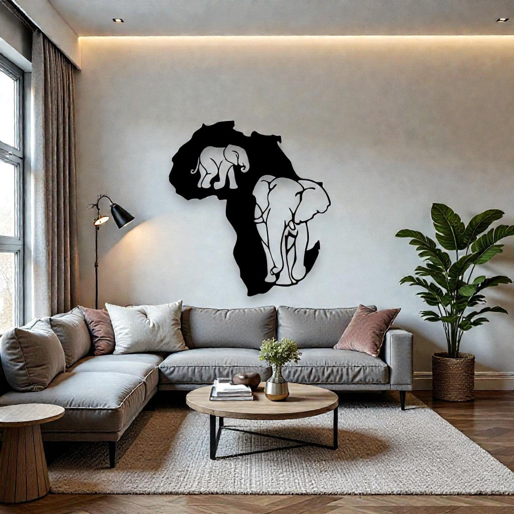 Lastra metallica personalizzabile con coppia di elefanti installata su parete in salotto arredato