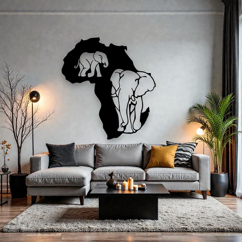 Lastra metallica personalizzabile con coppia di elefanti installata su parete in salotto arredato