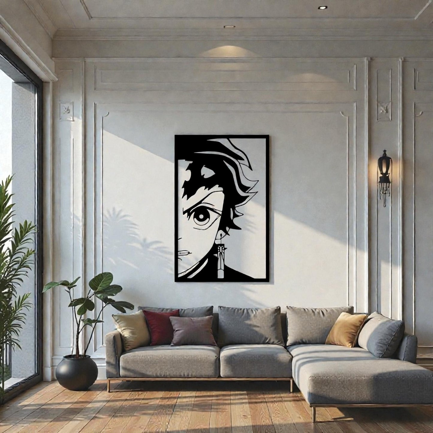 Quadro decorativo in metallo rappresentante giovane guerriero cacciatore di demoni con orecchini hanafuda, idea regalo per fan di manga dark fantasy