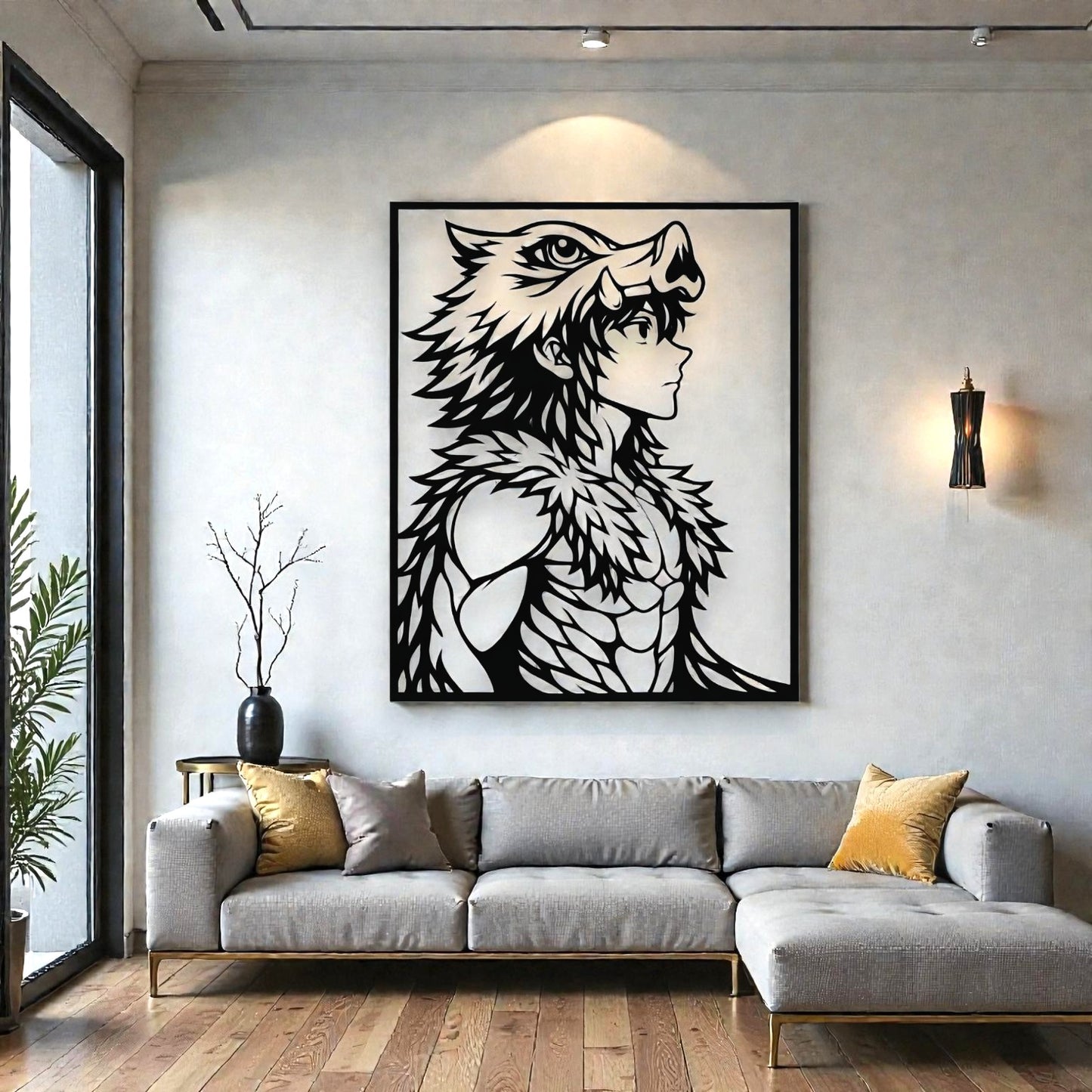 Quadro decorativo in metallo rappresentante guerriero con maschera di cinghiale e doppie spade, idea regalo per appassionati di anime cacciatori