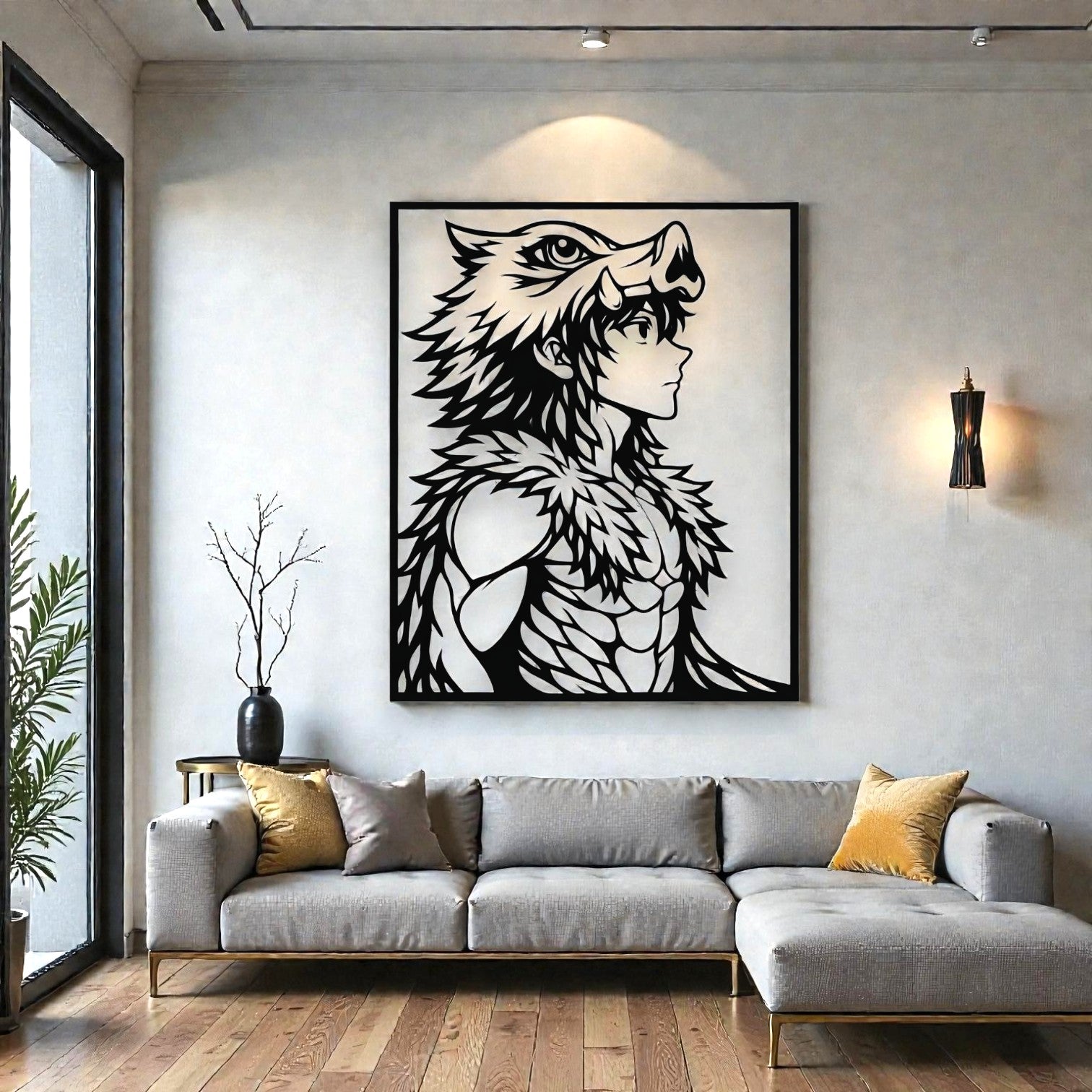 Quadro decorativo in metallo rappresentante guerriero con maschera di cinghiale e doppie spade, idea regalo per appassionati di anime cacciatori