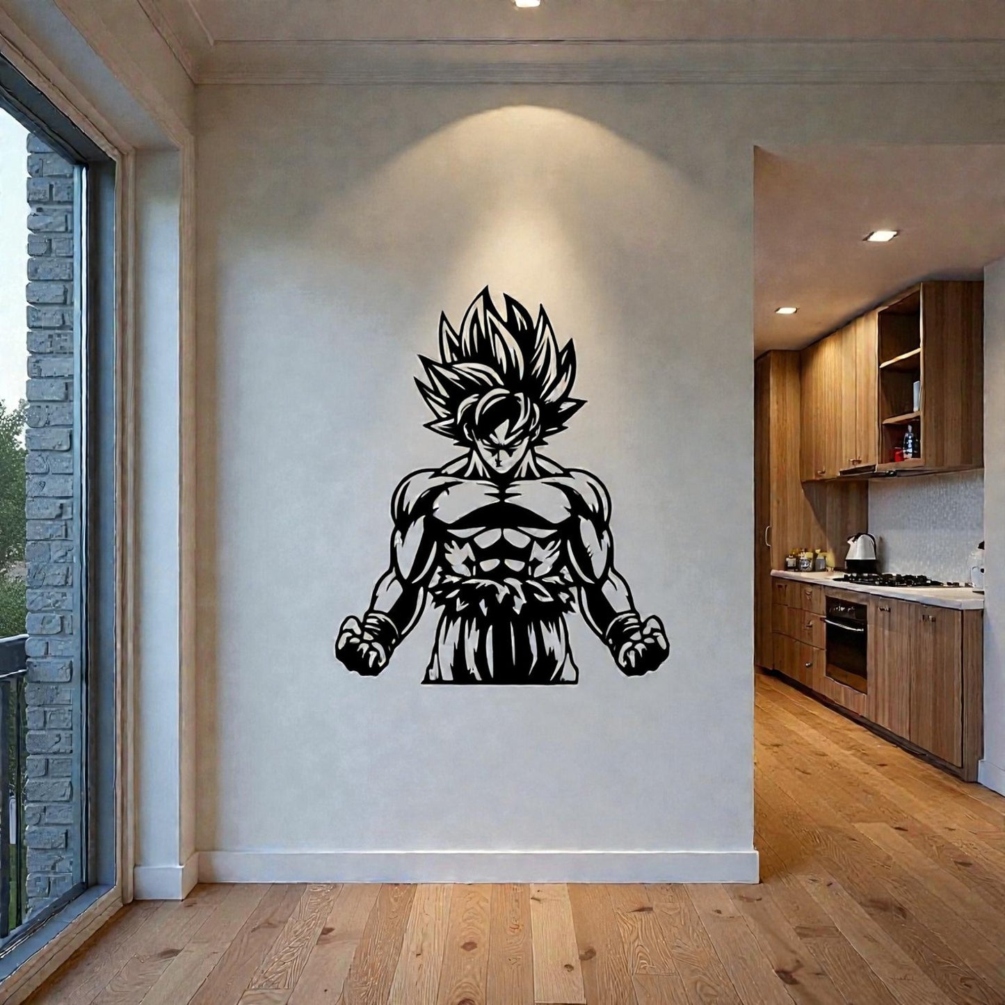 Quadro decorativo in metallo rappresentante guerriero anime con aura dorata e capelli biondi, idea regalo per fan di manga classici