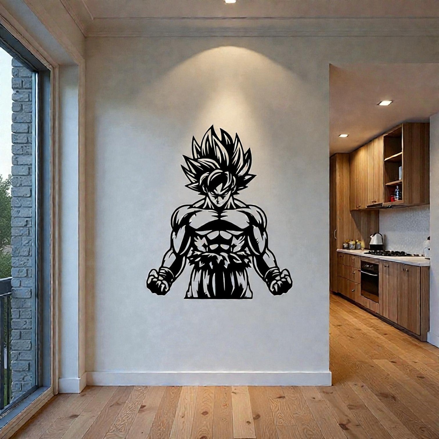 Quadro decorativo in metallo rappresentante guerriero anime con aura dorata e capelli biondi, idea regalo per fan di manga classici