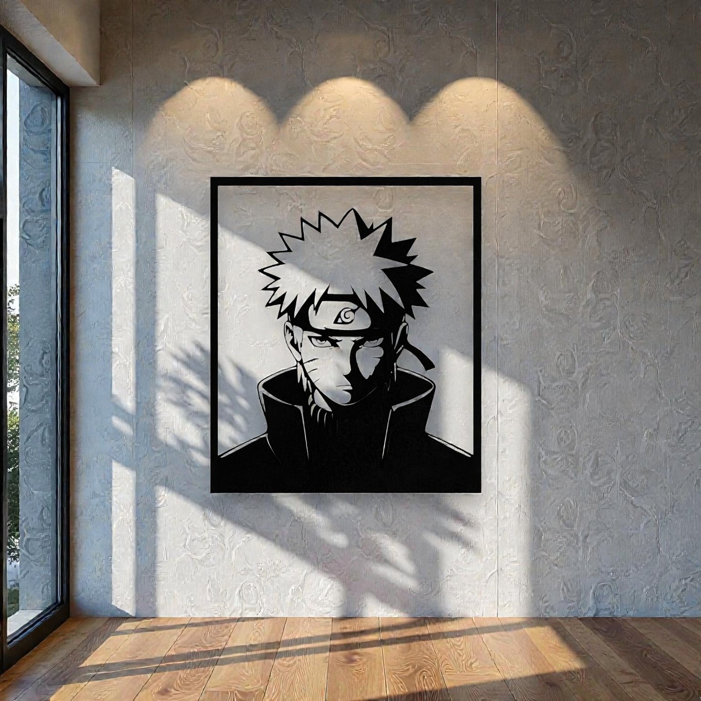 Quadro decorativo in metallo rappresentante giovane ninja anime con fascia frontale, idea regalo per fan di manga e serie shinobi