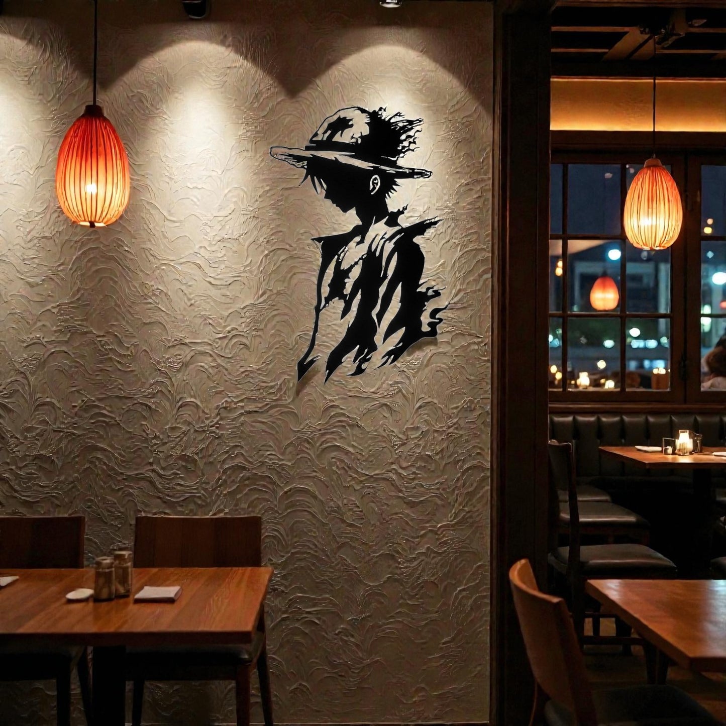 Quadro decorativo in metallo rappresentante capitano pirata anime con iconico cappello di paglia, idea regalo per fan di manga avventura