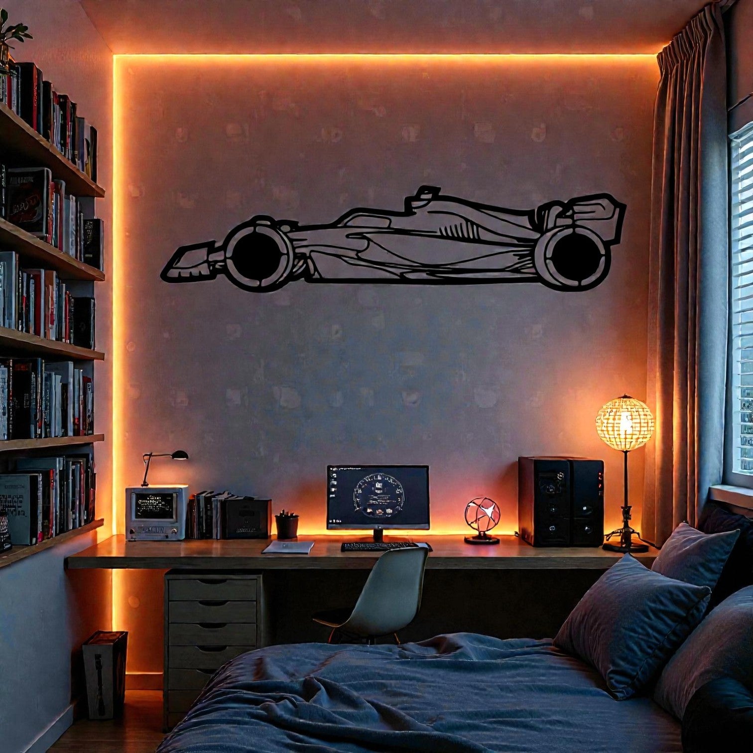 Quadro decorativo in metallo rappresentante monoposto da corsa moderna, idea regalo per appassionati di corse e velocità