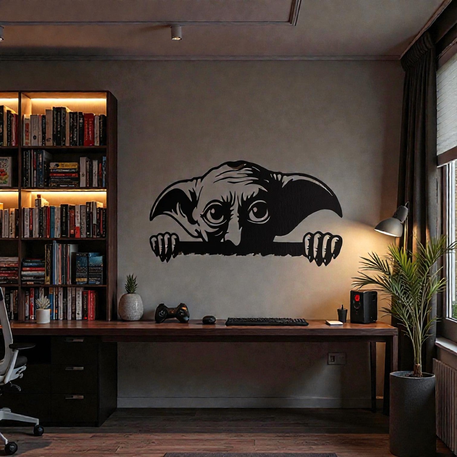 Quadro decorativo in metallo rappresentante elfo domestico con grandi occhi, idea regalo per appassionati di fantasy e mondo magico