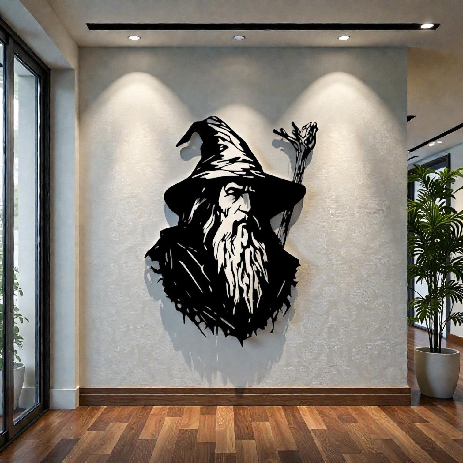 Quadro decorativo in metallo rappresentante saggio mago con cappello a punta e bastone, idea regalo per appassionati di fantasy e avventure epiche