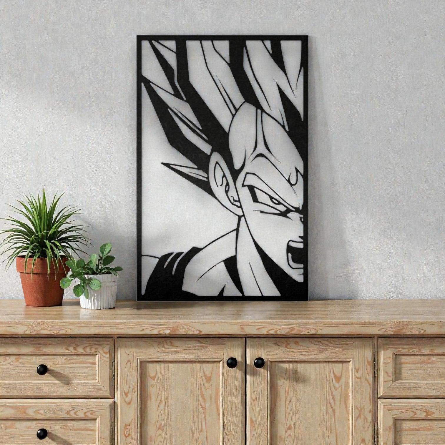 Quadro decorativo in metallo rappresentante principe guerriero anime sfere del drago, idea regalo per appassionati di anime classici