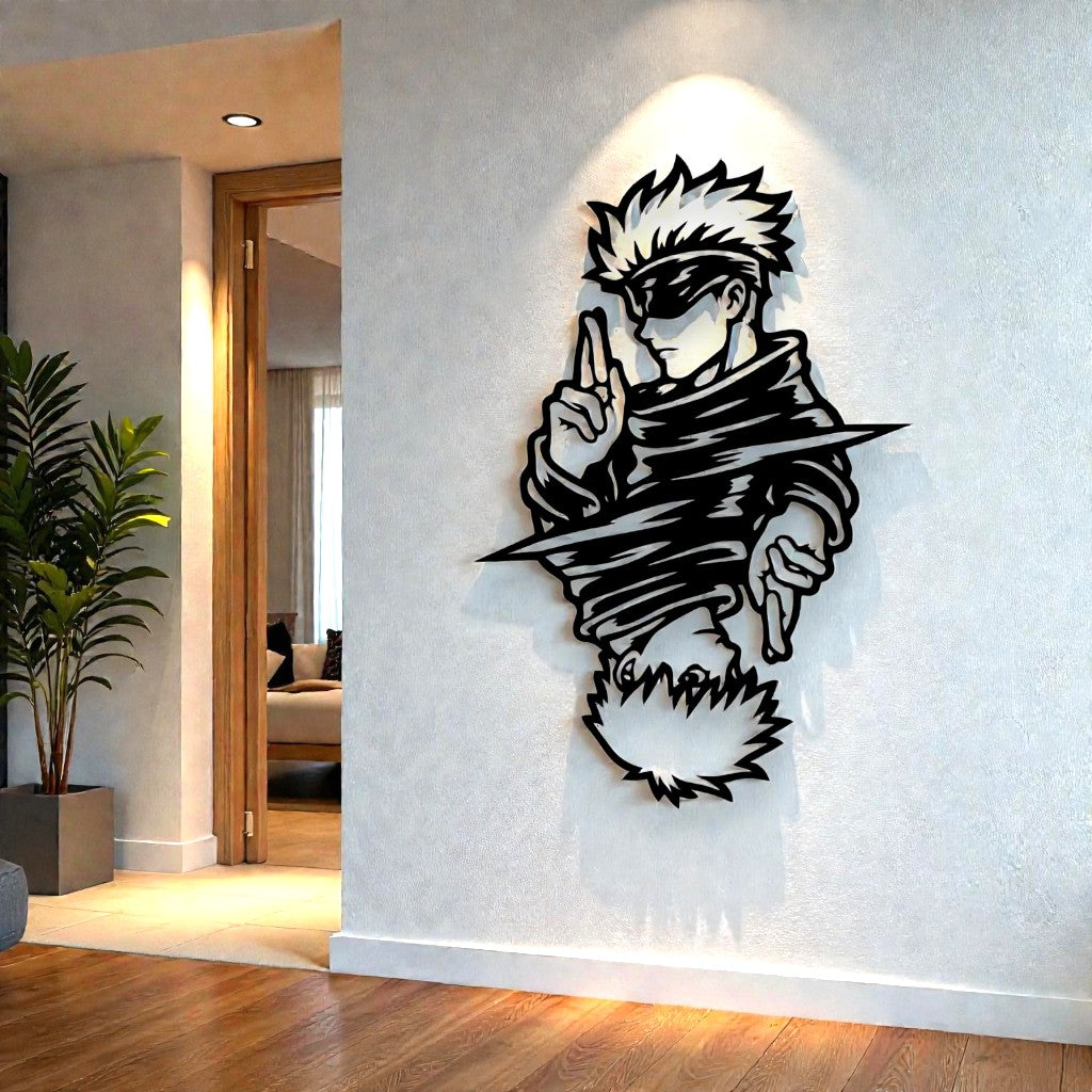 Quadro decorativo in metallo rappresentante potente stregone con benda bianca, idea regalo per appassionati di anime jujutsu e manga