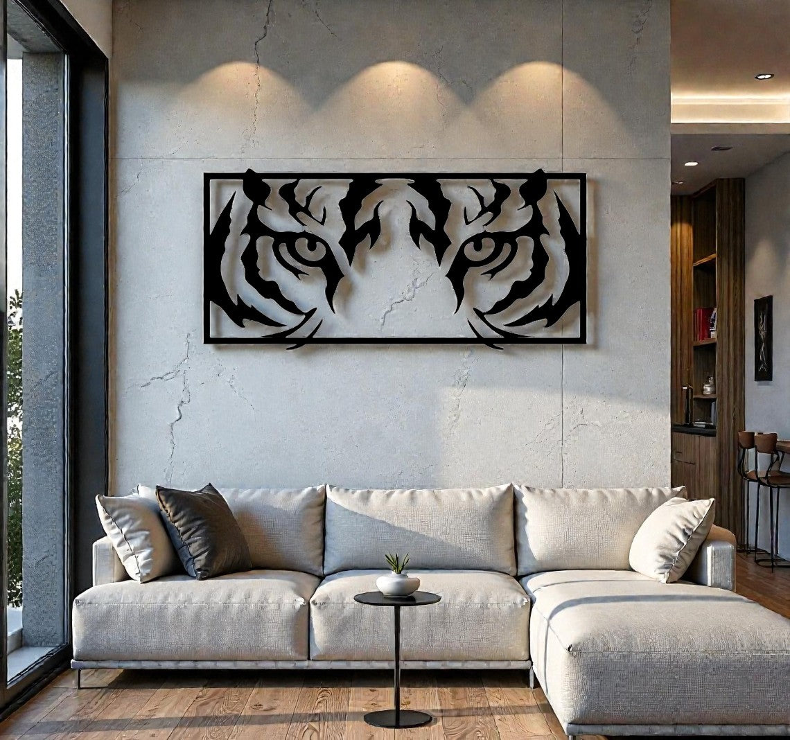Quadro decorativo in metallo rappresentante sguardo magnetico di tigre, idea regalo per amanti dei felini e animali esotici