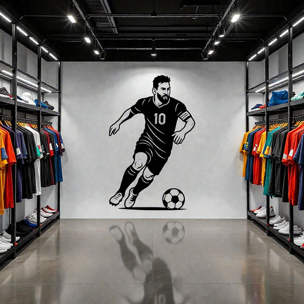 Quadro in metallo laser-cut raffigurante celebre calciatore argentino in azione, finitura nera premium