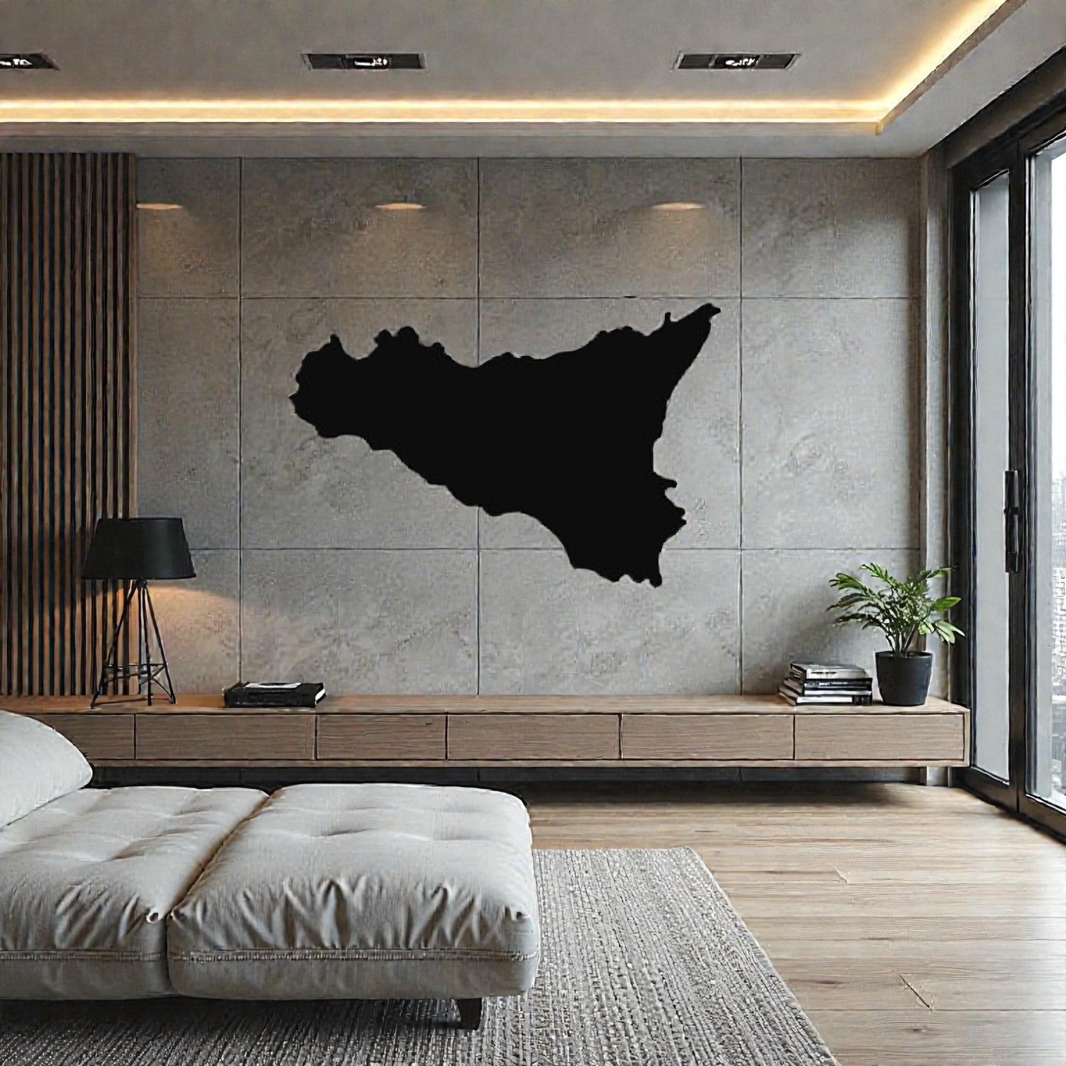 Scultura da parete in metallo con sagoma della Sicilia, arte regionale per arredamento e orgoglio siciliano