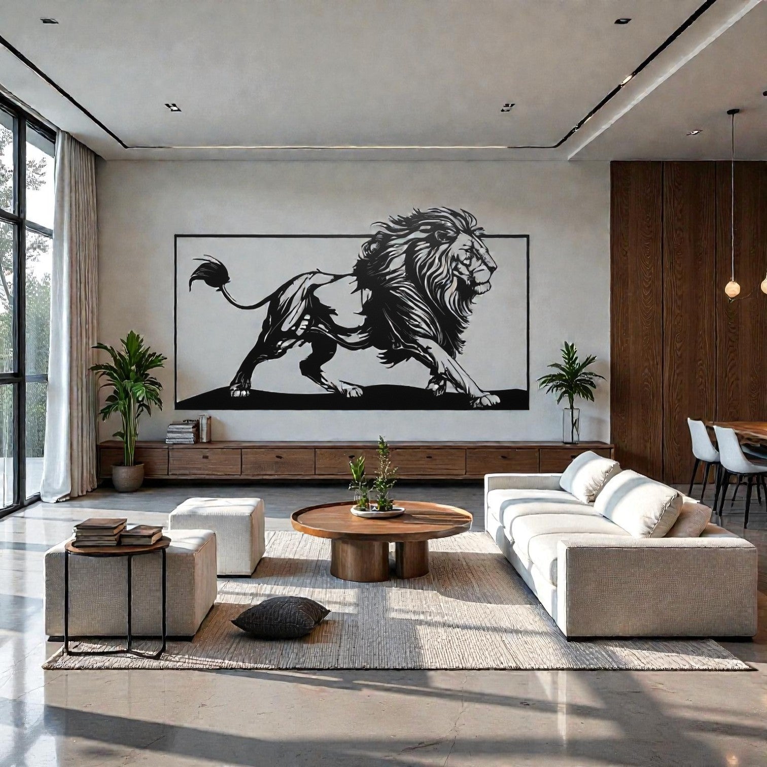 Quadro leone in metallo appeso a parete di stanza moderna - decorazione murale