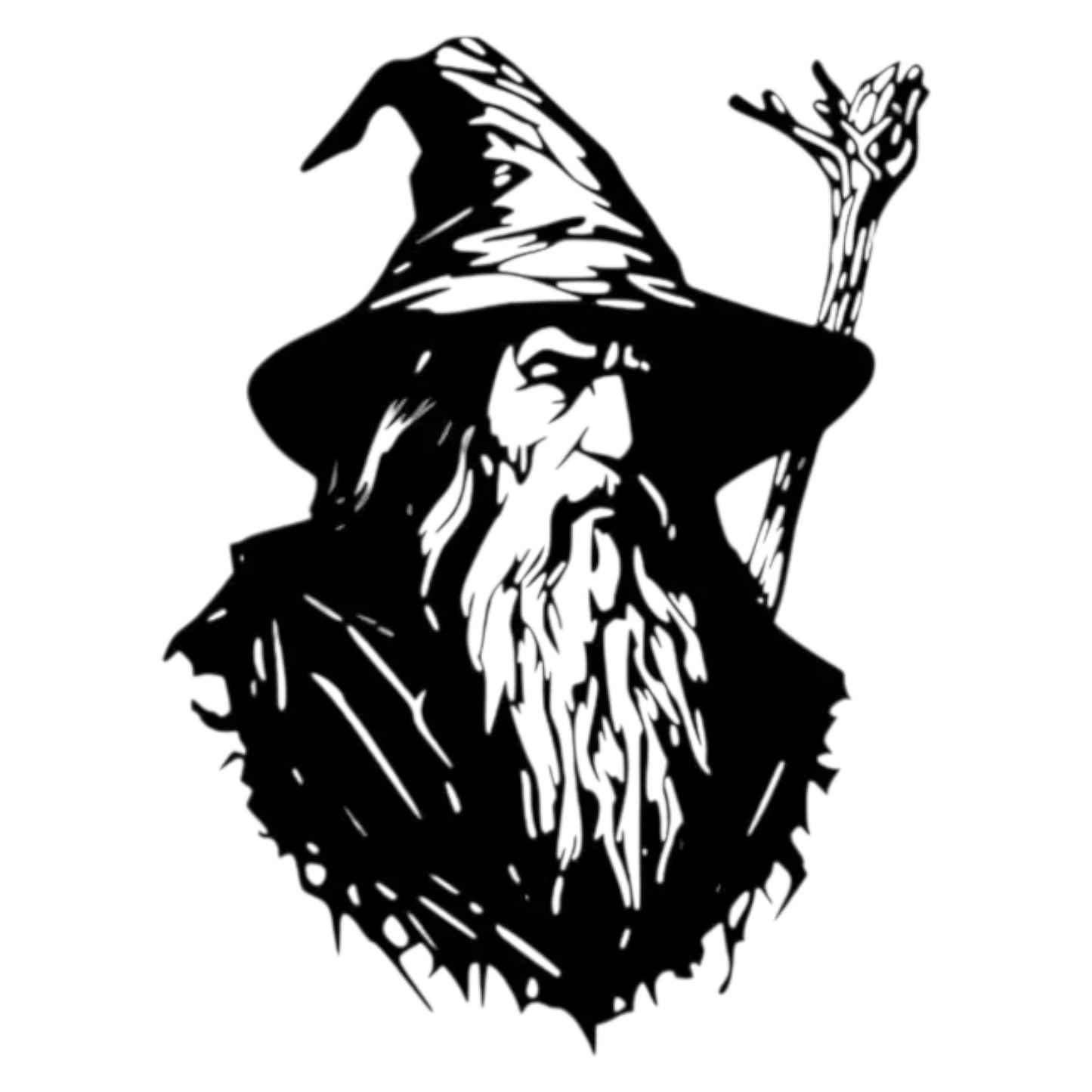 Quadro in metallo raffigurante iconico mago con bastone e barba bianca, decorazione murale per appassionati di fantasy e letteratura epica