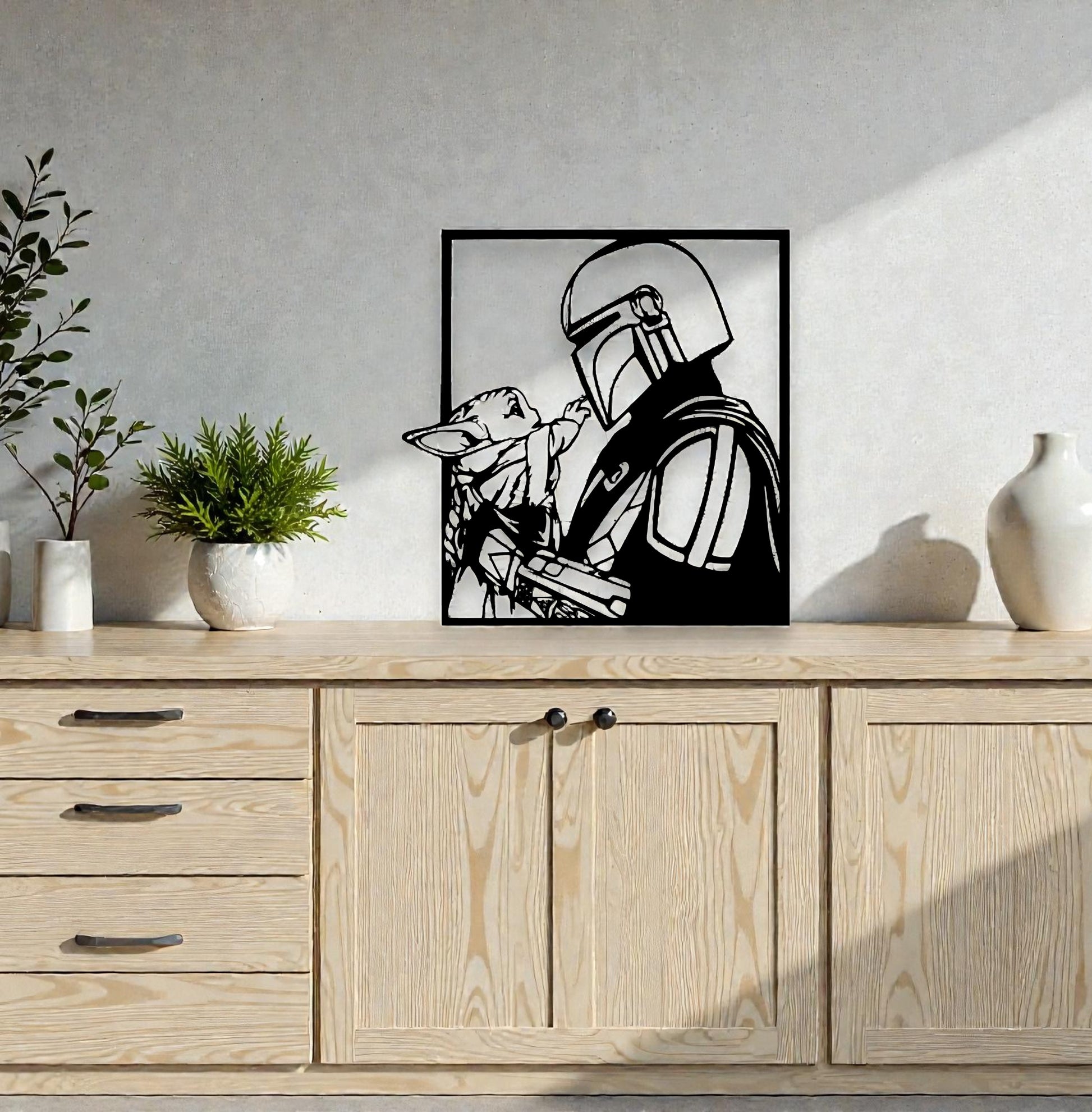 Quadro in metallo artigianale ispirato a saga galattica, duo iconico maestro e protetto, decorazione parete moderna