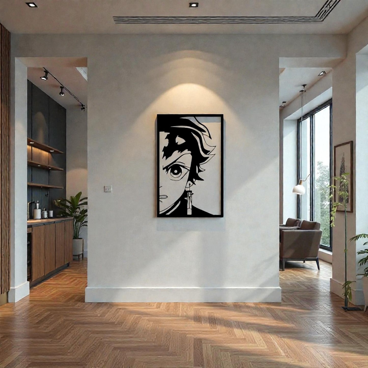 Quadro in metallo con cacciatore di demoni anime dal kimono a scacchi verdi, decorazione murale per cameretta, sala giochi e appassionati di manga giapponesi