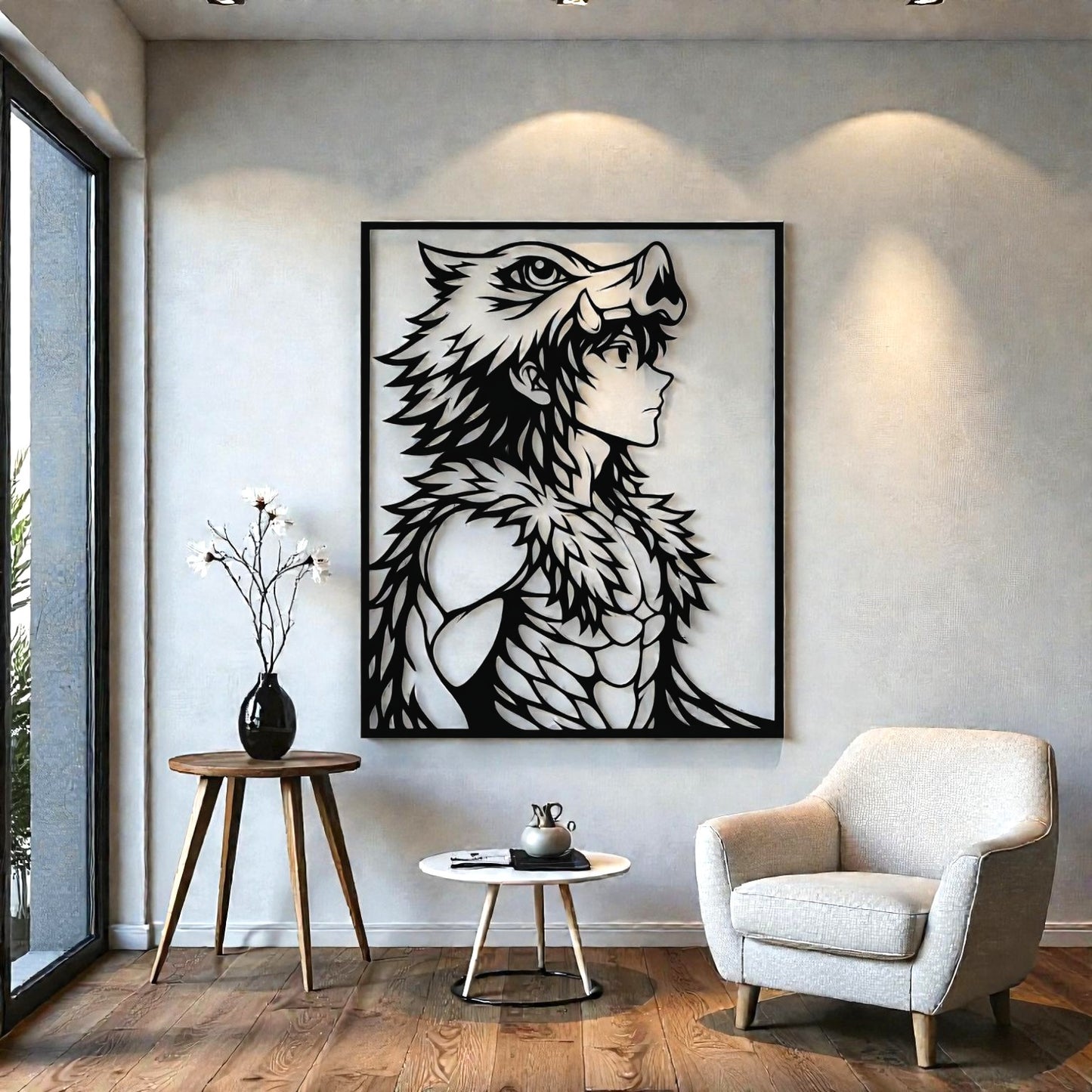 Quadro in metallo con guerriero dalla maschera di cinghiale e doppie spade, decorazione murale per cameretta, sala giochi e fan di anime dark fantasy