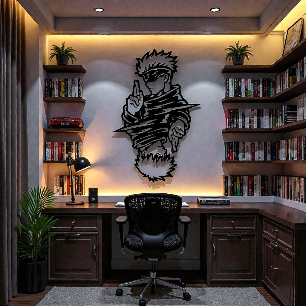 Quadro in metallo con iconico stregone dagli occhi bendati, decorazione murale per cameretta, sala giochi e appassionati di anime jujutsu