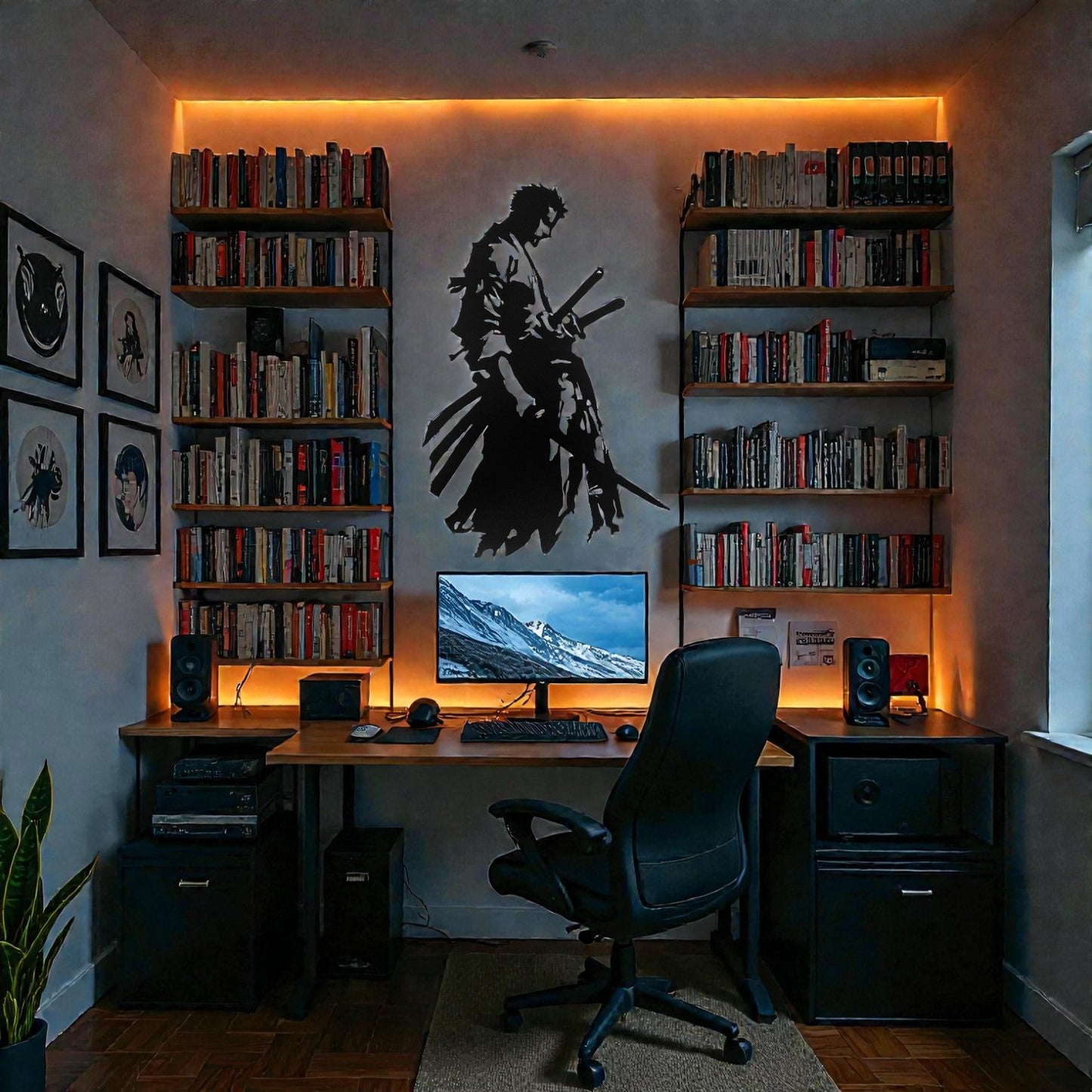 Quadro decorativo in metallo rappresentante spadaccino anime con tre lame, idea regalo per fan di manga e serie sui pirati