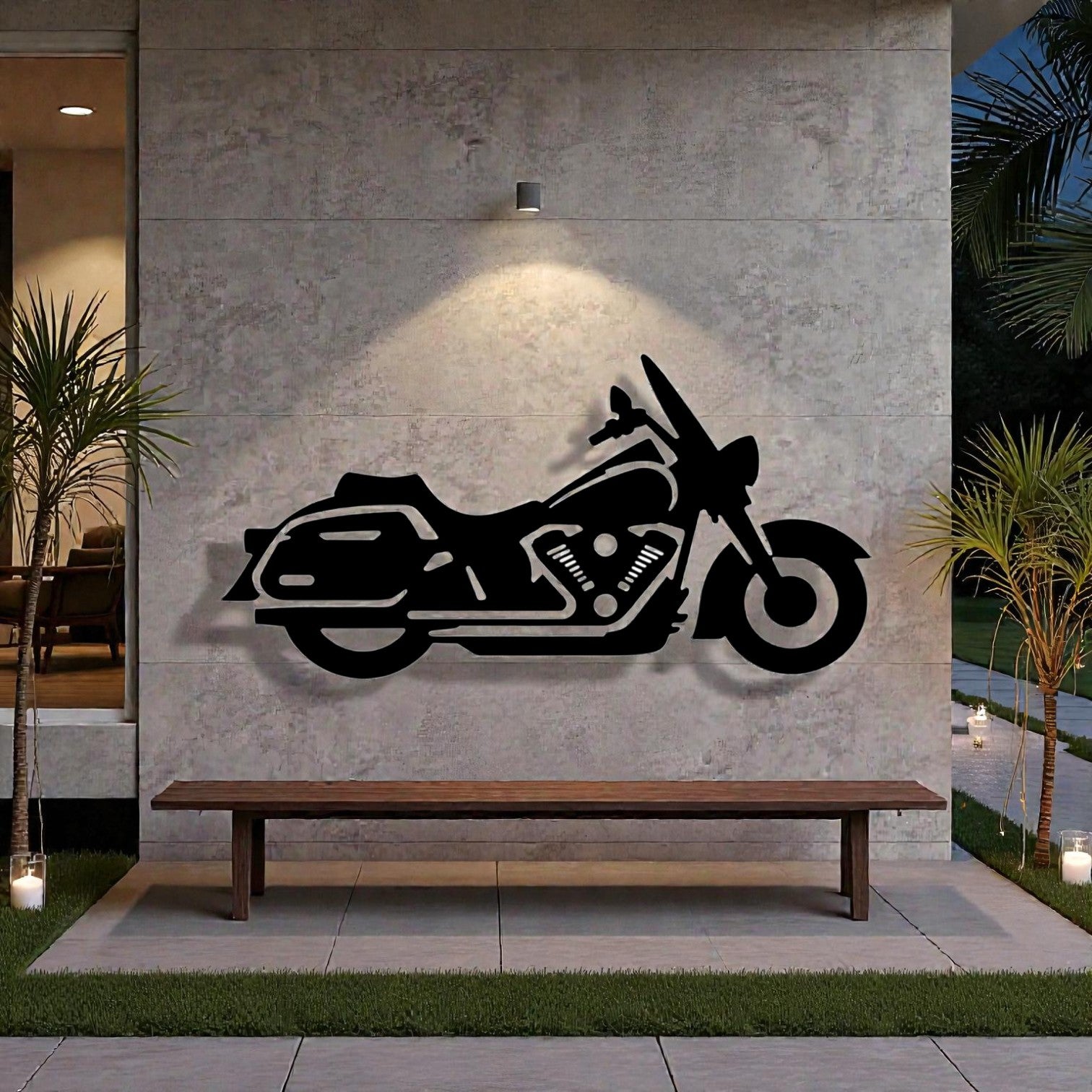 Quadro in metallo con moto cruiser americana classica, decorazione murale per garage, officina e appassionati di moto custom e cultura biker